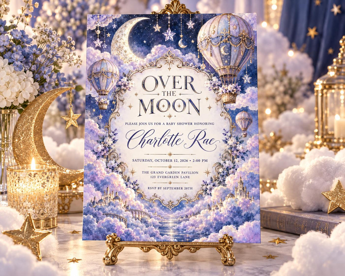 The image is a baby shower invitation featuring a moon and star theme, with a crescent moon, stars, and hot air balloons. The invitation is set against a backdrop of a night sky and clouds, creating a whimsical and celestial atmosphere.