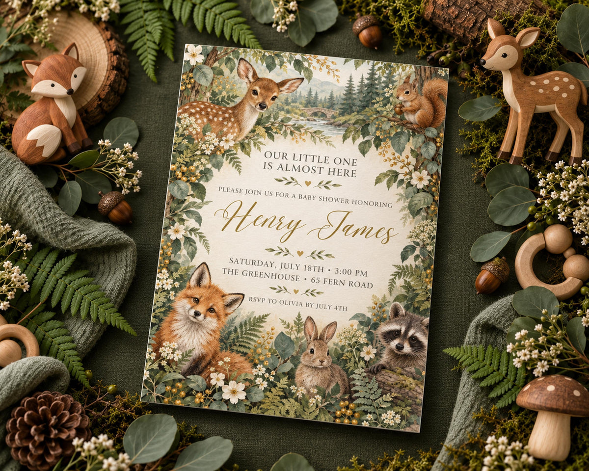 The image is a baby shower invitation featuring a forest theme with illustrations of deer, foxes, and rabbits. The invitation is surrounded by various woodland-themed decorations, such as leaves, pine cones, and toy animals.