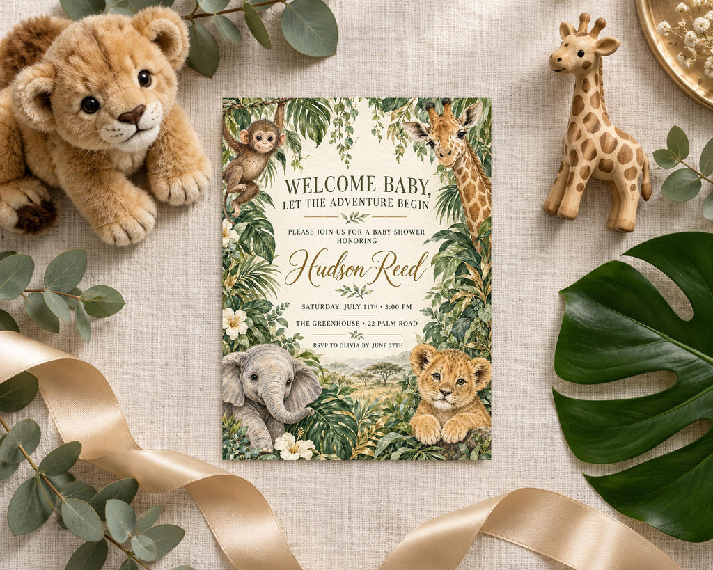 a baby shower invitation with illustrations of a lion, giraffe, and elephant, surrounded by greenery and a ribbon.
