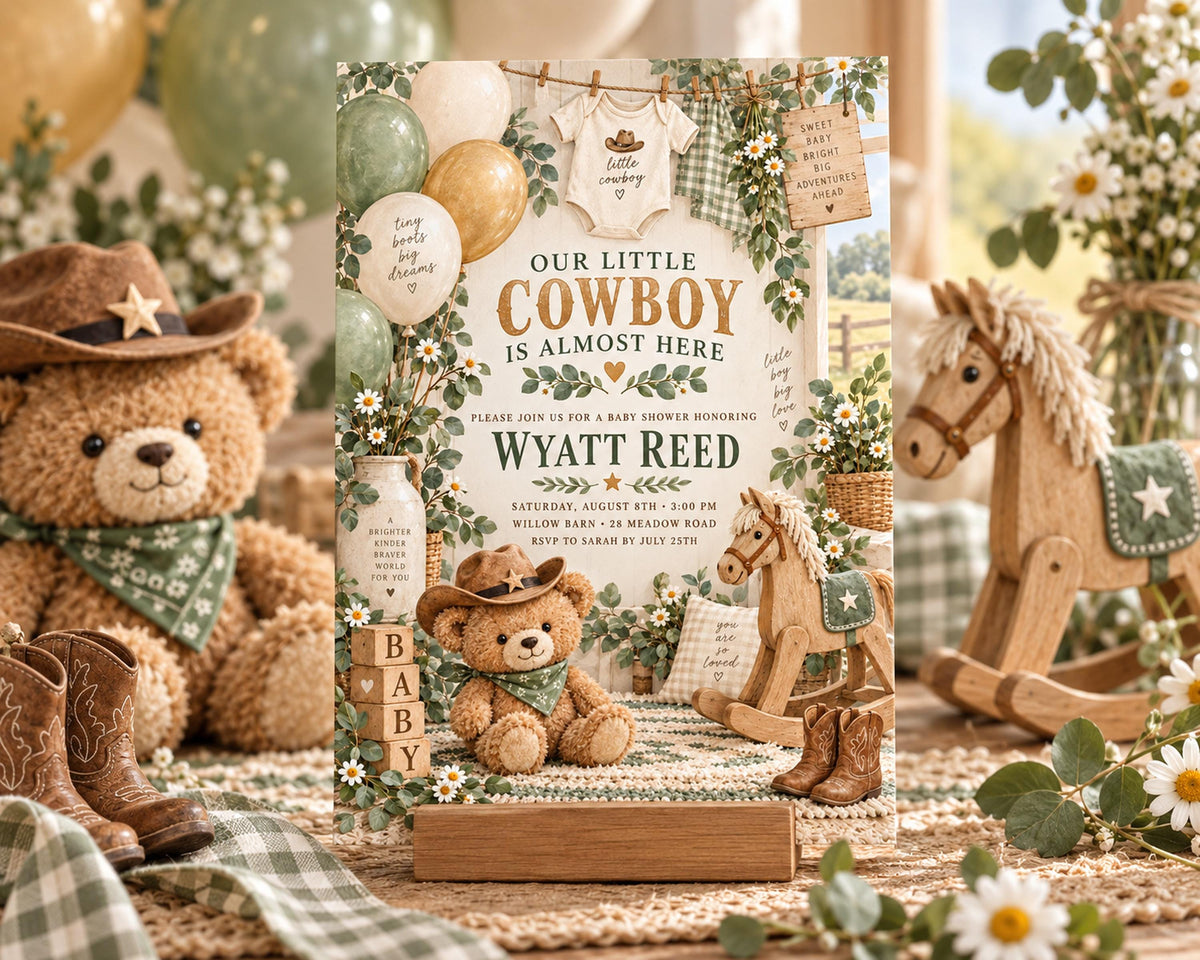 The image is a baby shower invitation featuring a cowboy theme, with various baby-related items such as a teddy bear, rocking horse, and balloons.