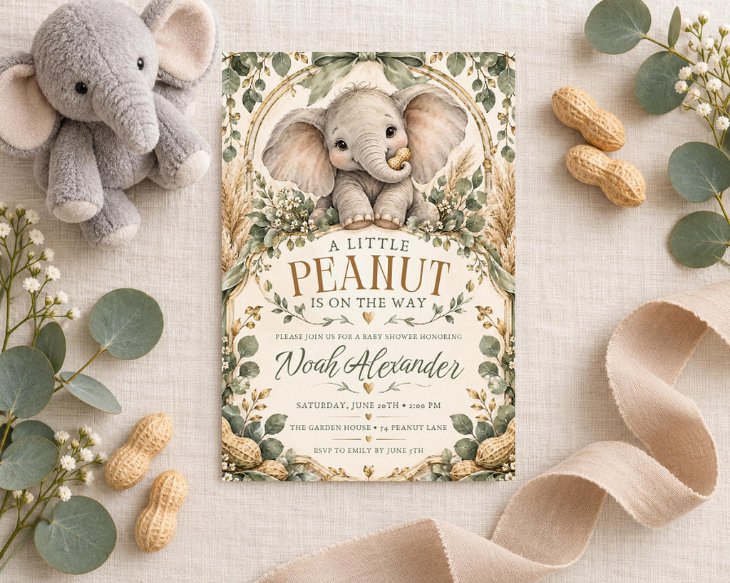 a baby shower invitation for Noah Alexander, with a baby elephant illustration and peanuts surrounding it.