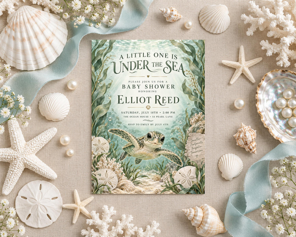 A baby shower invitation for Elliot Reed's baby shower, featuring a sea turtle illustration surrounded by seashells, pearls, and other nautical elements.