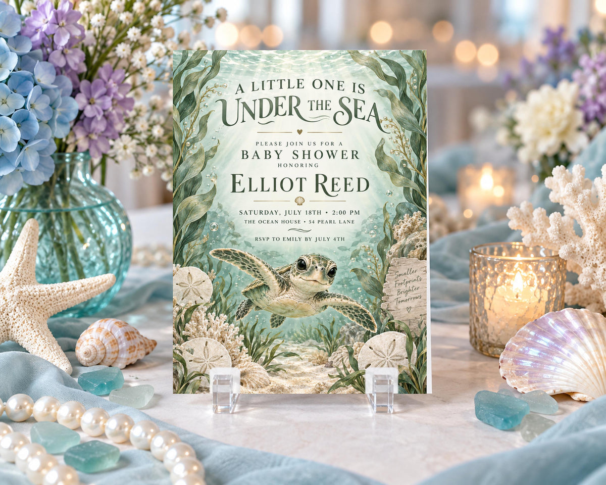 a baby shower invitation for a baby shower for Elliott Reed, with a sea-themed design and illustrations of sea creatures.