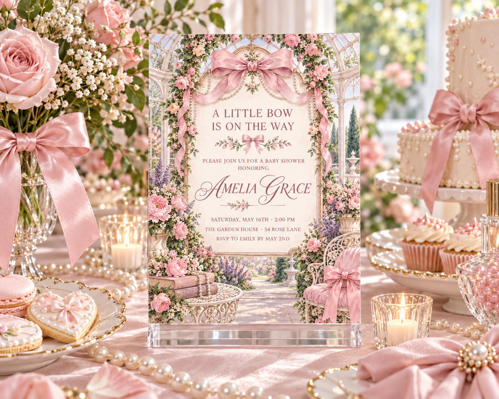 A pink and white baby shower invitation featuring a garden scene with a path and flowers, surrounded by pink flowers, ribbons, and other decorative elements.