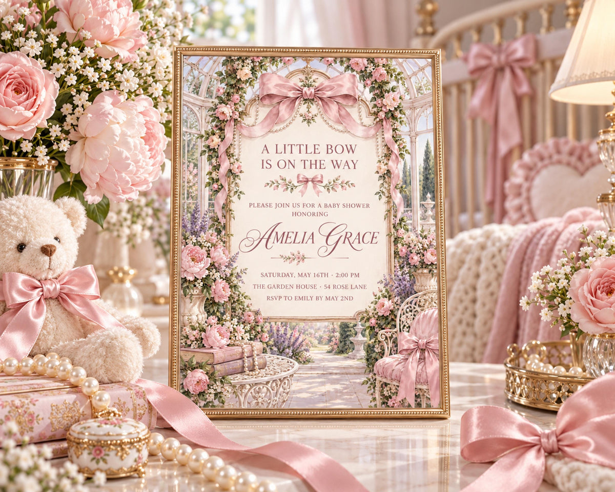 A framed baby shower invitation with a pink and white floral design, surrounded by pink and white flowers, a teddy bear, and other decorative items.