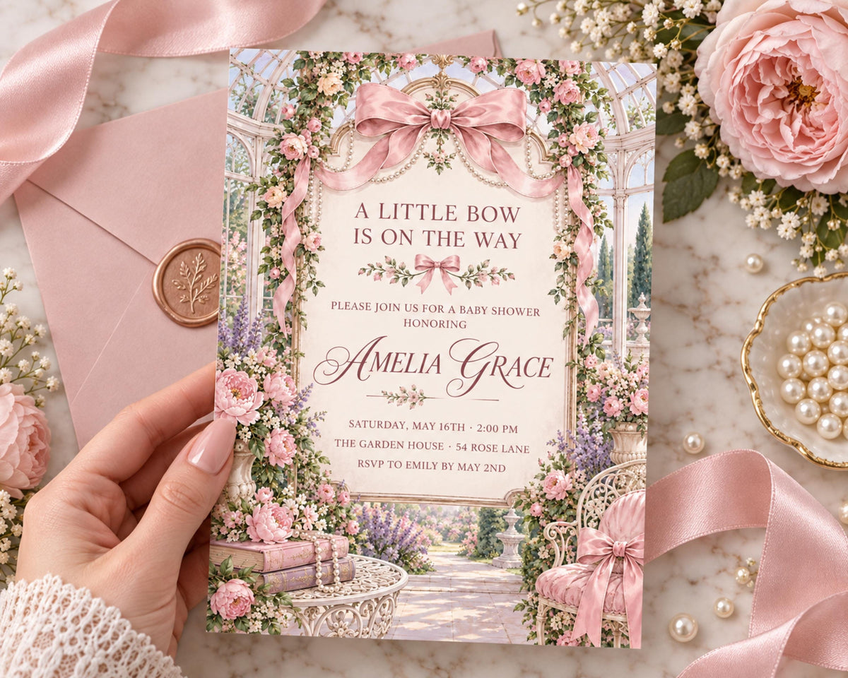 A hand holding a pink invitation card with a garden scene design, surrounded by pink flowers, pearls, and a pink ribbon.