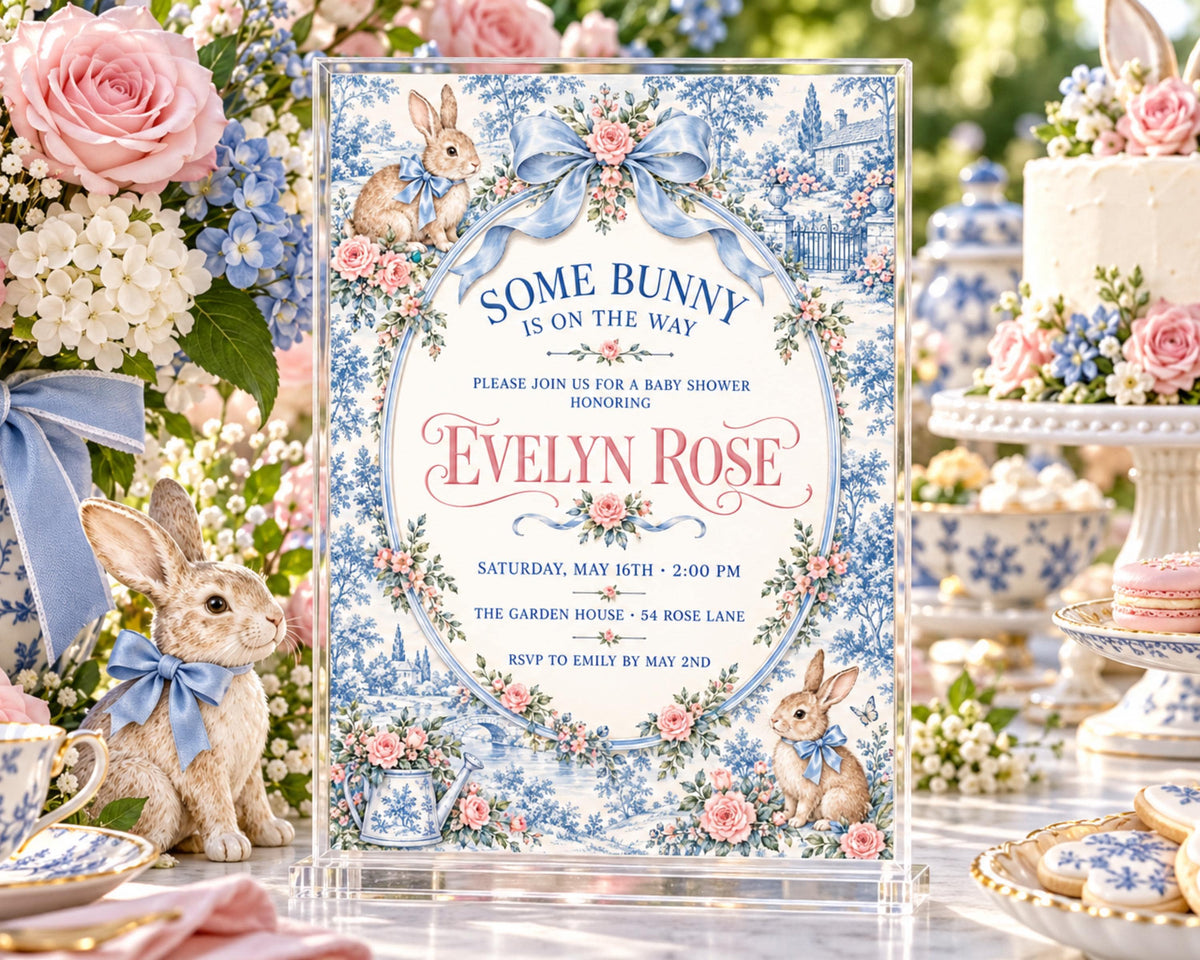 The image is a baby shower invitation featuring a blue and white floral design with illustrations of rabbits and a teapot. The text invites guests to a baby shower honoring Evelyn Rose and provides details about the event, including the date, time, location, and dress code.