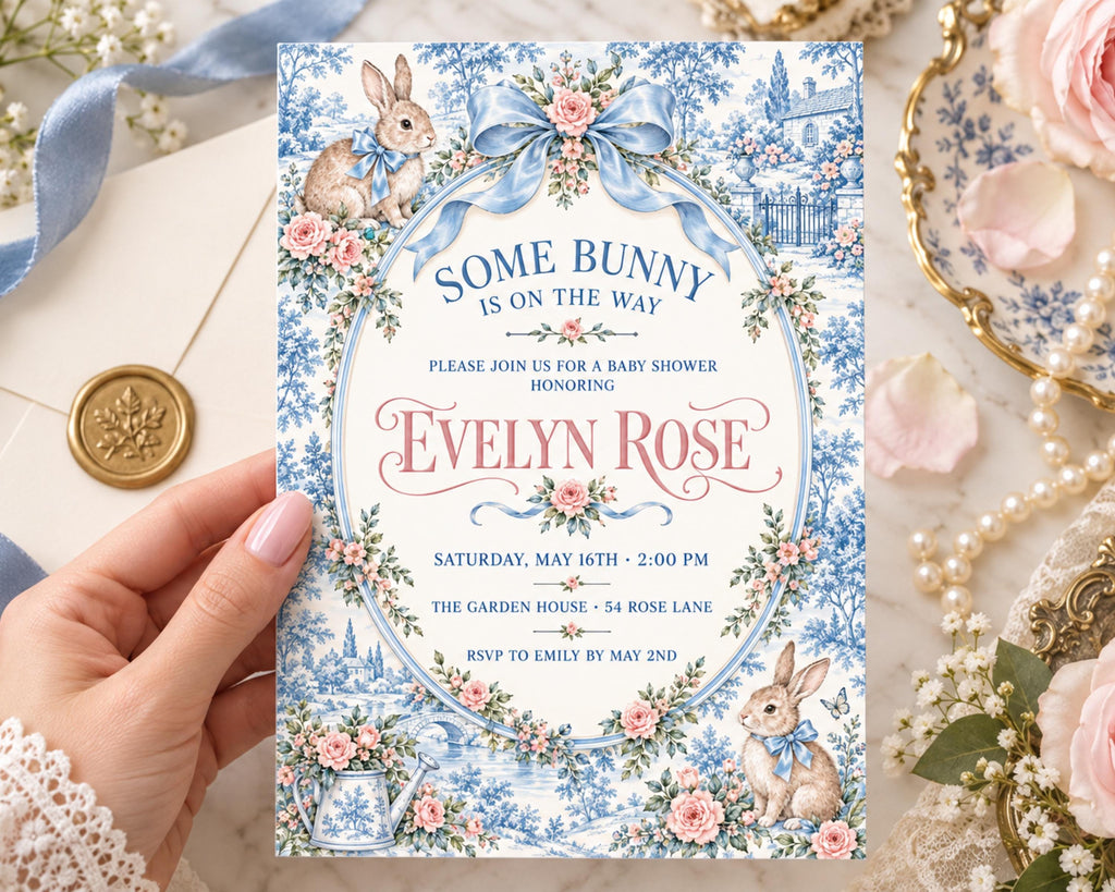 a hand holding a baby shower invitation with a floral design and a blue ribbon.