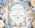 A floral baby shower invitation for a baby shower event for the baby named Isabella Mae, with a blue and white color scheme and decorative elements such as flowers and ribbons.