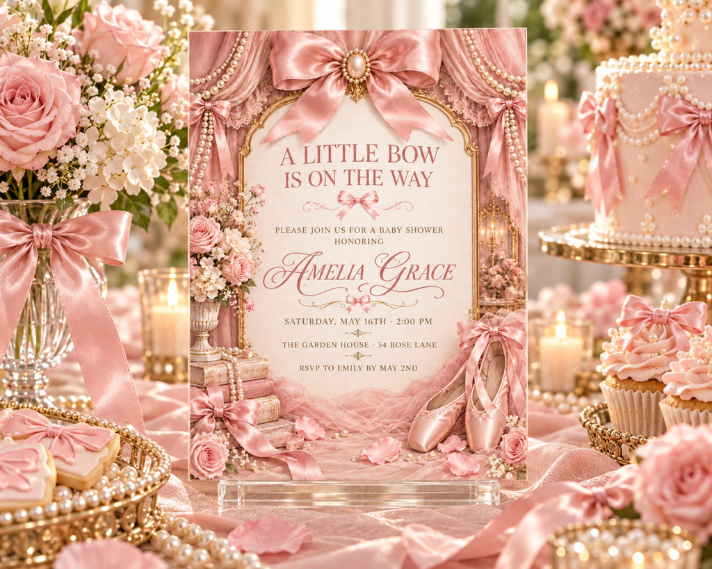 A pink and white baby shower invitation for "Amelia Grace" with a pink and white color scheme, featuring flowers, ribbons, and a lace-like design.