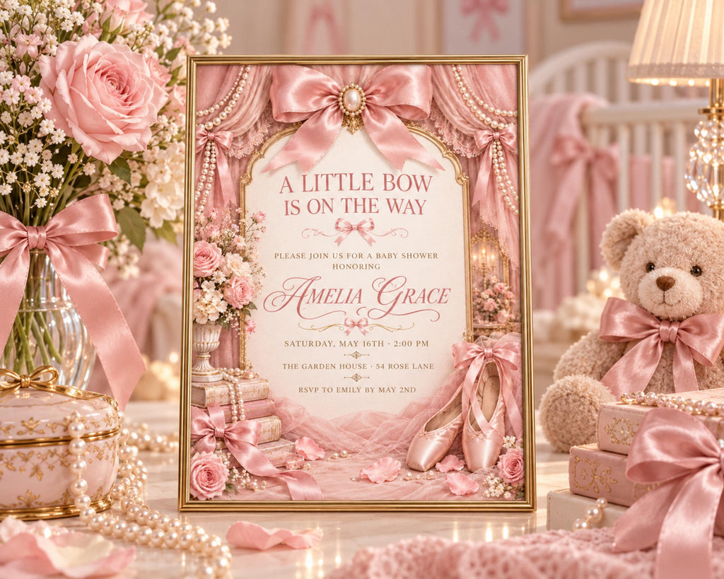 A pink and gold baby shower invitation for a baby named Amelia Grace, with a teddy bear and other decorative elements in the background.