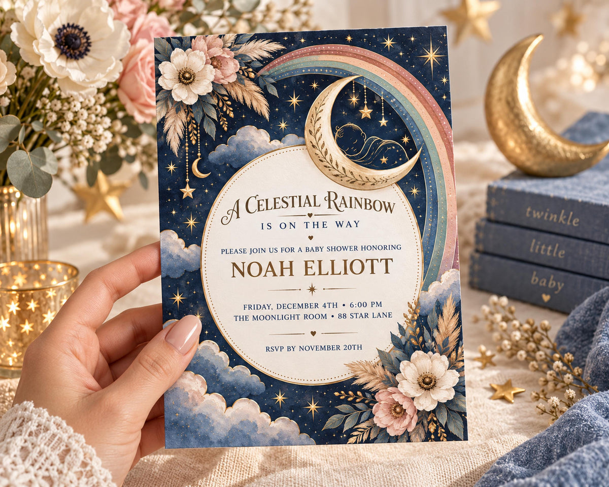 A hand holding a baby shower invitation with a floral design and a crescent moon.