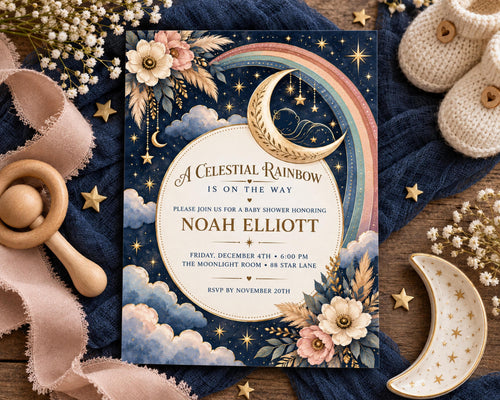 The image is a baby shower invitation featuring a celestial rainbow theme with a crescent moon, stars, and flowers.