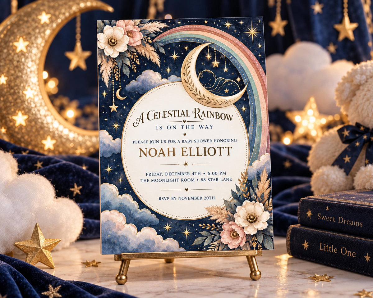 a beautifully designed invitation card for a baby shower, with a night sky theme and stars surrounding it.