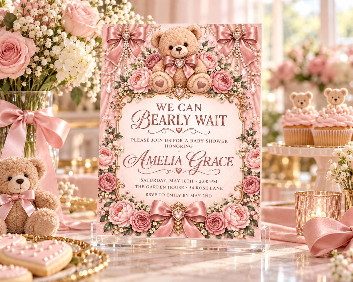 The image is a pink and white baby shower invitation featuring a teddy bear design, surrounded by pink flowers and bows.