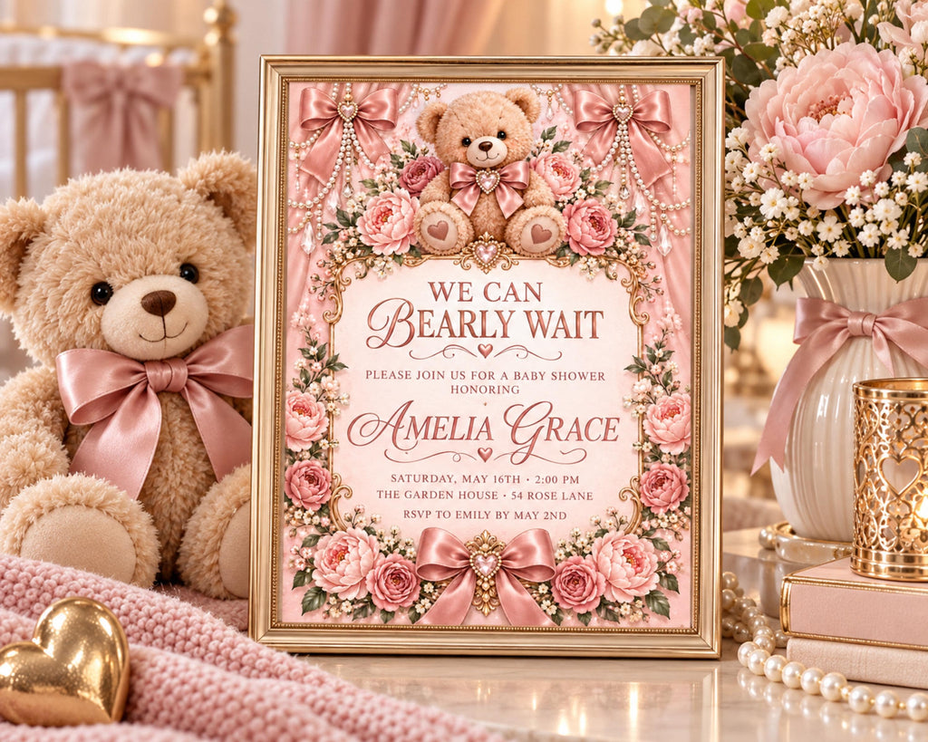 a framed baby shower invitation with a pink and gold color scheme, surrounded by a teddy bear, flowers, and other decorative elements.