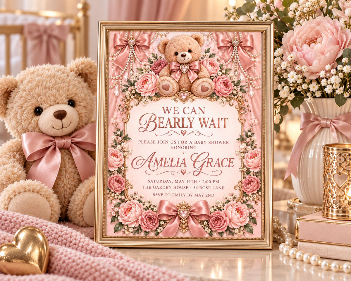 a framed baby shower invitation with a pink and gold color scheme, surrounded by a teddy bear, flowers, and other decorative elements.