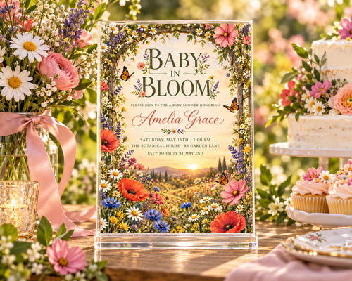 a beautiful baby shower invitation with a floral design, placed on a table surrounded by flowers and a cake.