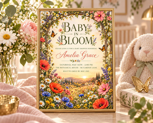 The image is a baby shower invitation featuring a floral design with flowers, butterflies, and a sunset. The text invites guests to a baby shower for a baby named Amelia Grace, and the event is scheduled for Saturday, May 18th at 2:00 PM at The Botanical Garden Lane, with an RSVP to be sent to Emily by May 2nd.