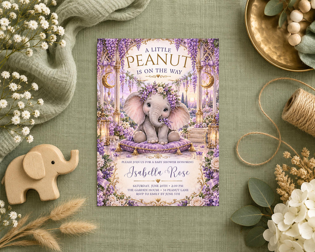 a baby shower invitation with a purple and gold theme, surrounded by various decorative elements such as flowers, a wooden elephant, and a bowl.