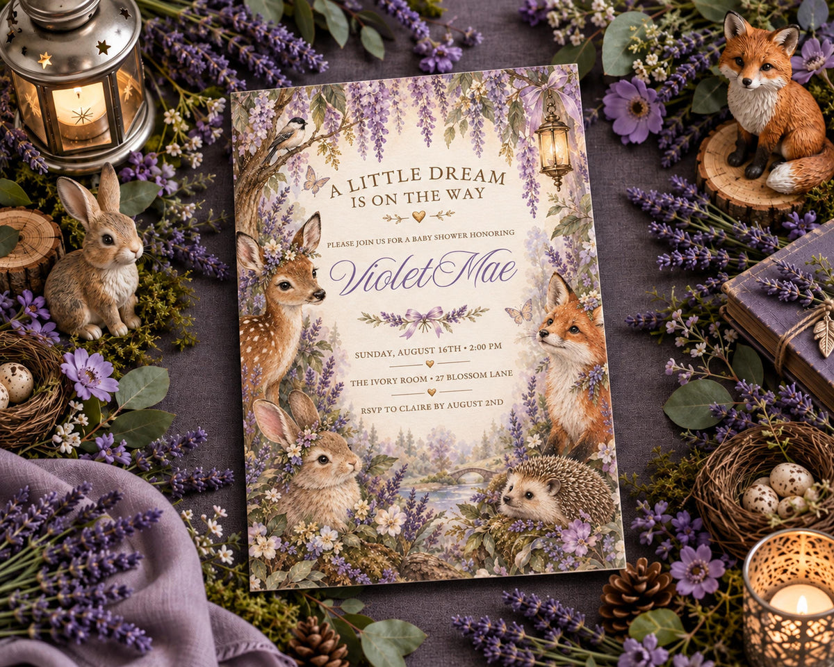 a baby shower invitation with illustrations of rabbits, foxes, and hedgehogs, surrounded by purple flowers and candles.