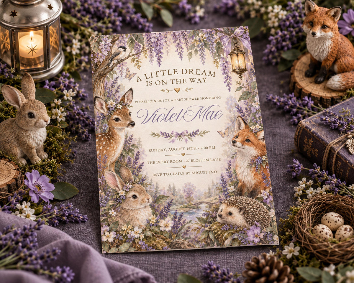 The image is a baby shower invitation featuring illustrations of rabbits, deer, and hedgehogs, surrounded by purple flowers and a lantern.