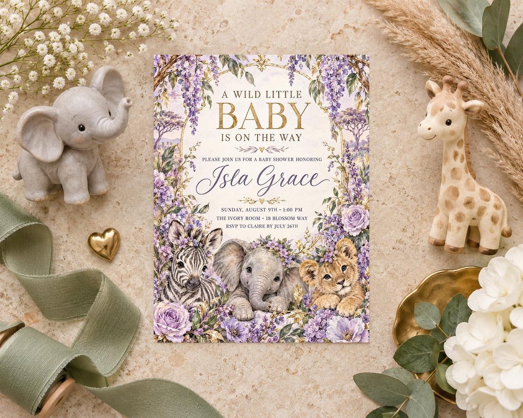 a baby shower invitation with illustrations of elephants, lions, and giraffes, surrounded by floral decorations and stuffed animals.