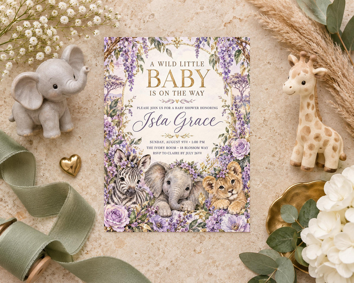 a baby shower invitation with illustrations of elephants, lions, and giraffes, surrounded by floral decorations and stuffed animals.