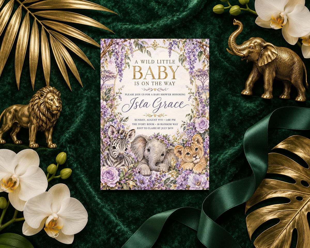 a baby shower invitation with a floral design, surrounded by decorative elements such as a gold lion, elephant, and orchid.