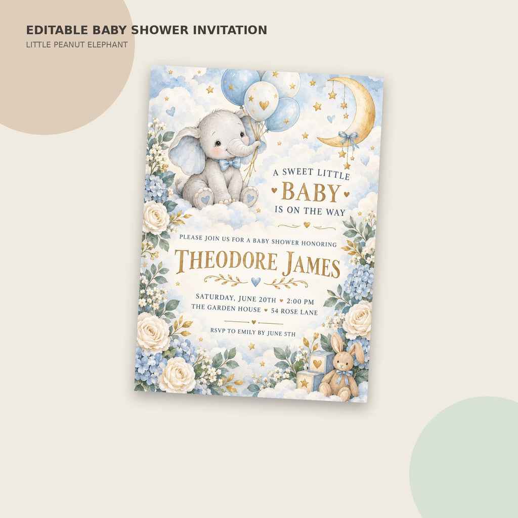The image is an editable baby shower invitation featuring a cute illustration of a baby elephant surrounded by flowers and balloons. The invitation invites guests to a baby shower honoring Theodore James and includes details about the event, such as the date, time, and location.