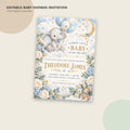 The image is an editable baby shower invitation featuring a cute illustration of a baby elephant surrounded by flowers and balloons. The invitation invites guests to a baby shower honoring Theodore James and includes details about the event, such as the date, time, and location.