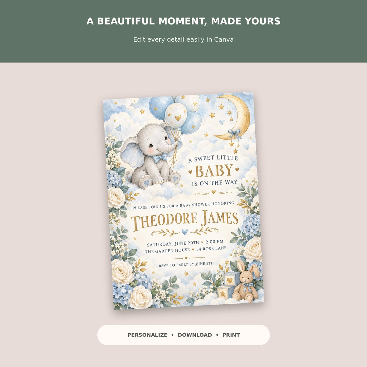 The image is a baby shower invitation featuring a cute elephant and a bunny surrounded by flowers and stars.