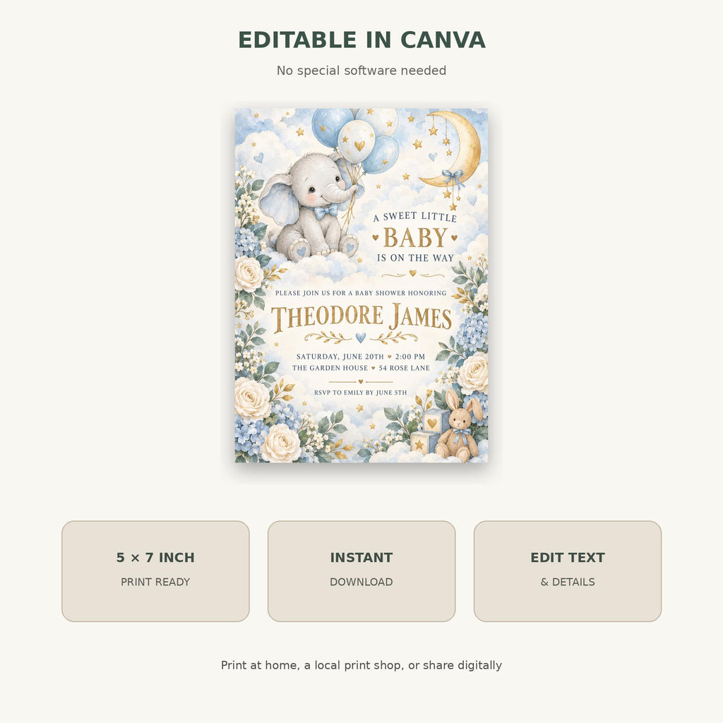 The image is a baby shower invitation featuring a cute elephant and balloons, with text that reads "A sweet little 'BABY' is on the way".