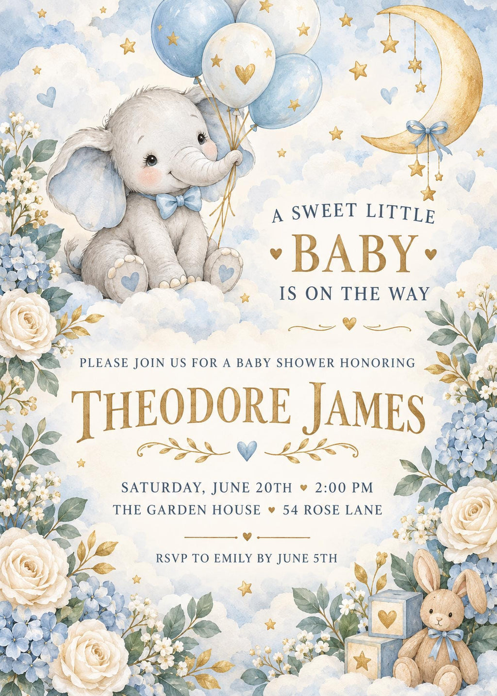 The image is a baby shower invitation featuring a cute elephant surrounded by balloons, flowers, and stars.