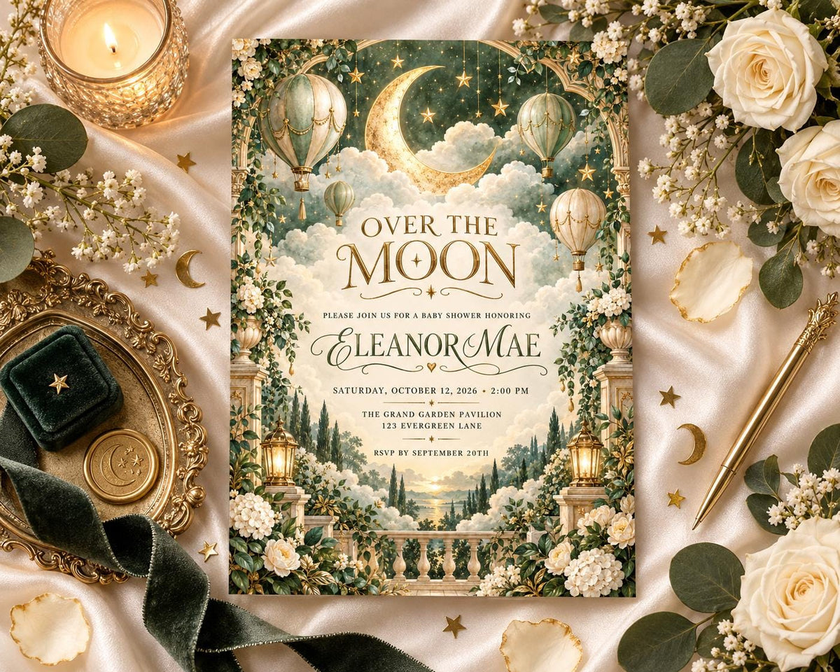 a beautifully designed invitation card for a baby shower, adorned with a moon and star motif, surrounded by flowers and other decorative elements.