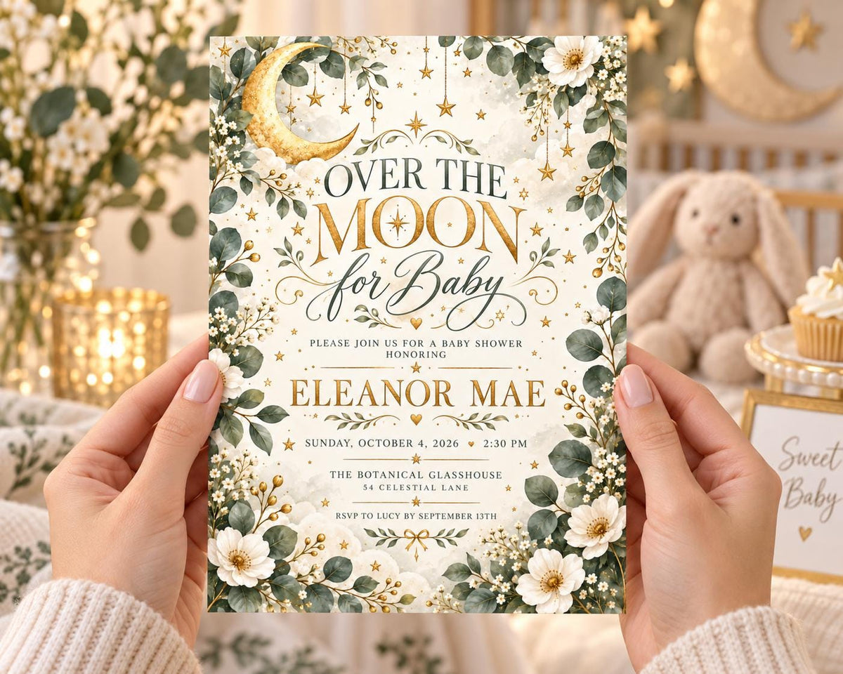 A person is holding a baby shower invitation with a floral design and text.