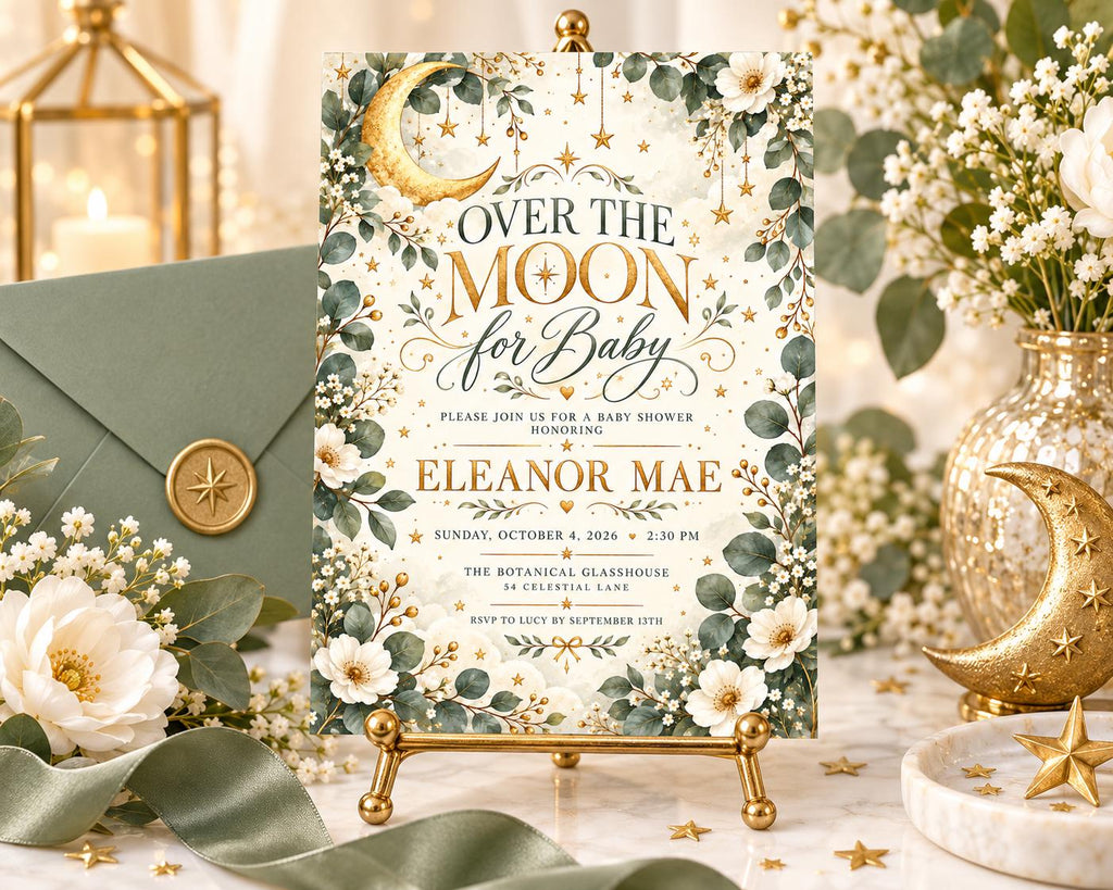 a beautifully designed baby shower invitation with a moon and star theme, surrounded by flowers and other decorative elements.