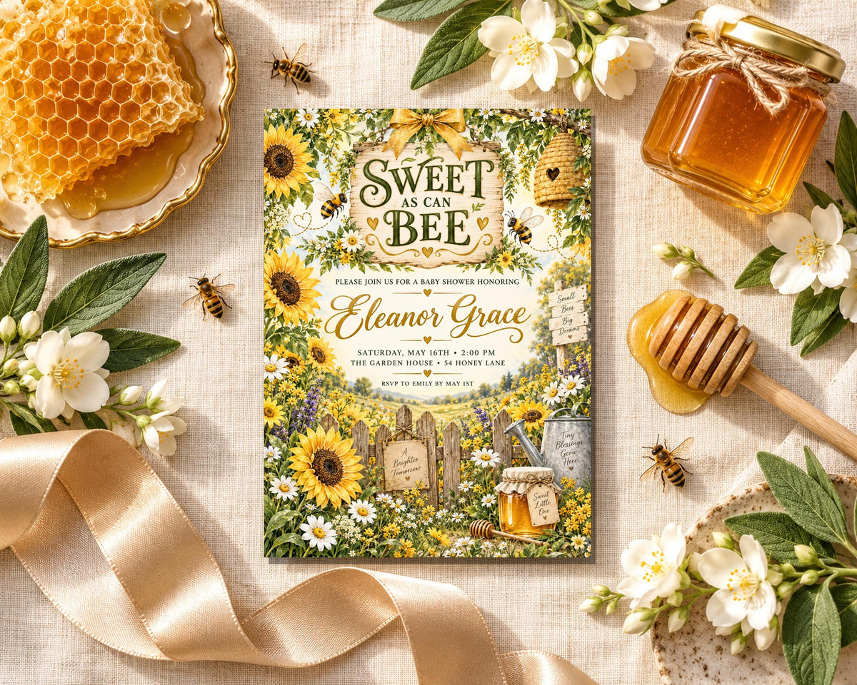 a honeycomb, honey, flowers, a honey dipper, and a honey jar, all arranged around a honeybee-themed invitation card.