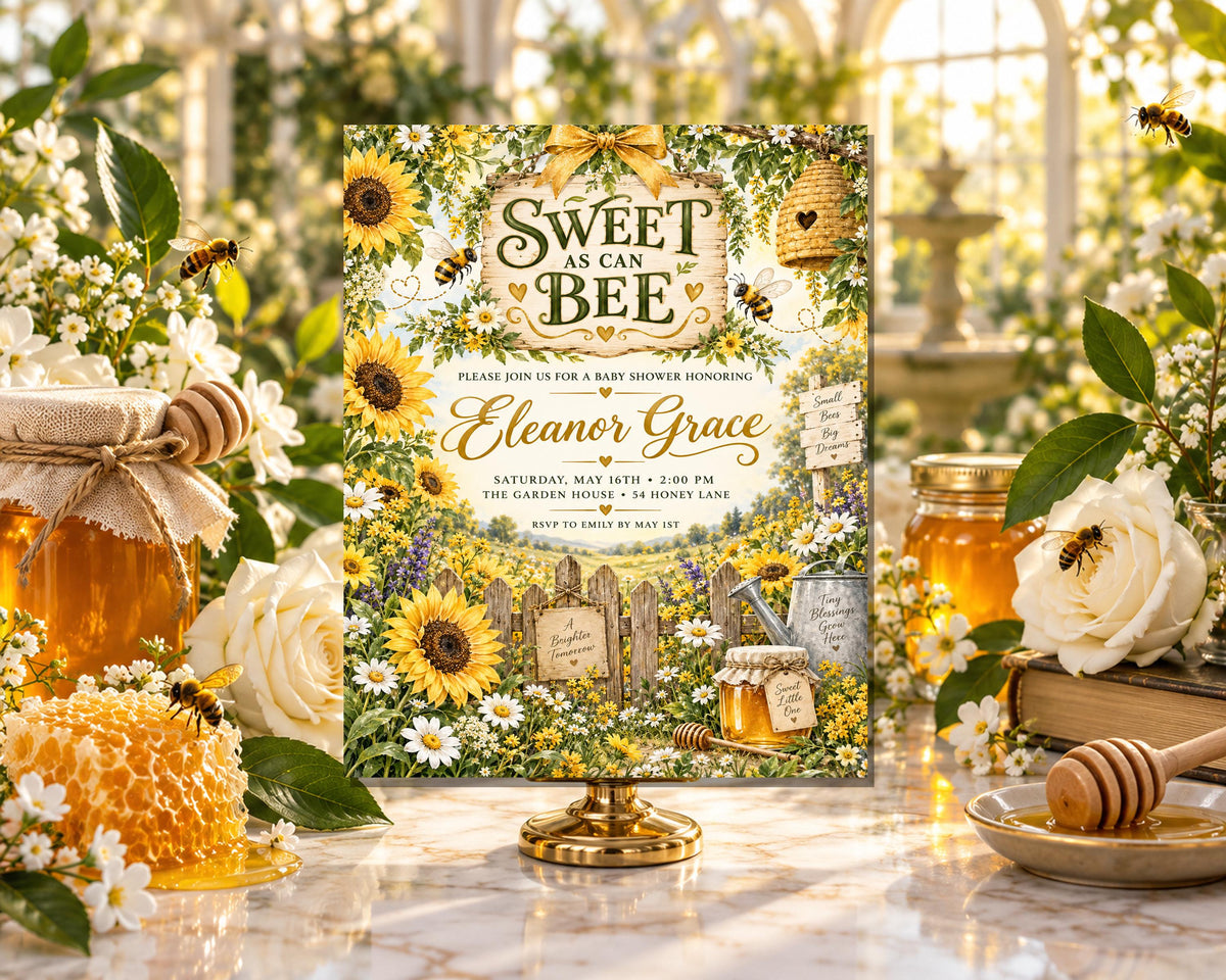 The image is a baby shower invitation featuring a floral design with sunflowers, bees, and honeycombs. The text on the invitation reads "Sweet as can bee" and includes details about the event, such as the date, time, location, and the honoree's name, Eleanor Grace. The background is filled with flowers and honeycombs, creating a warm and inviting atmosphere.