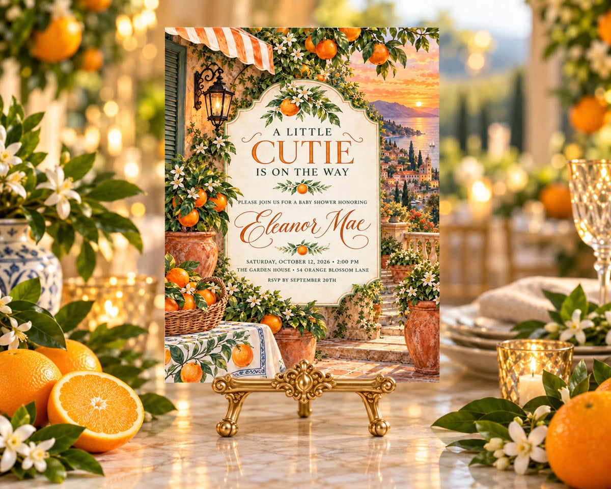 A baby shower invitation featuring a garden scene with orange trees and a sunset backdrop, surrounded by flowers and candles.