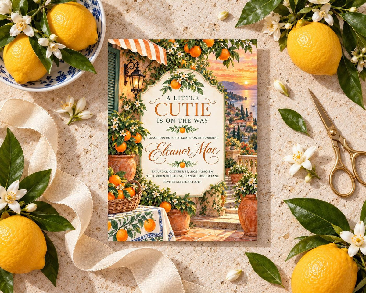 a baby shower invitation with a scenic illustration of a garden and a sunset, surrounded by various fruits and flowers.