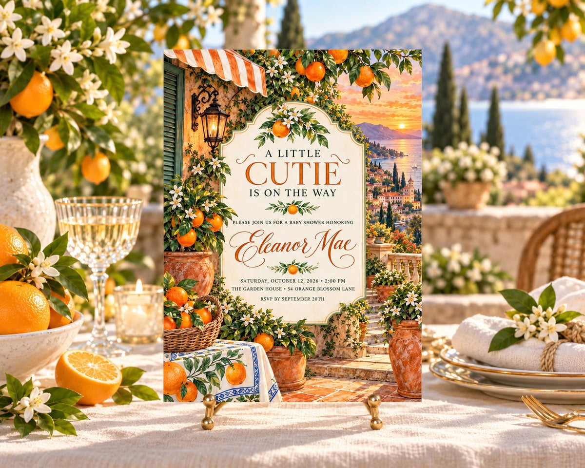 a table set with a tablecloth, plates, and glasses, surrounded by a vase of flowers and a bowl of oranges. The table is decorated with a sign that reads "A little cutie is on the way" and "Elton Mae" written on it.