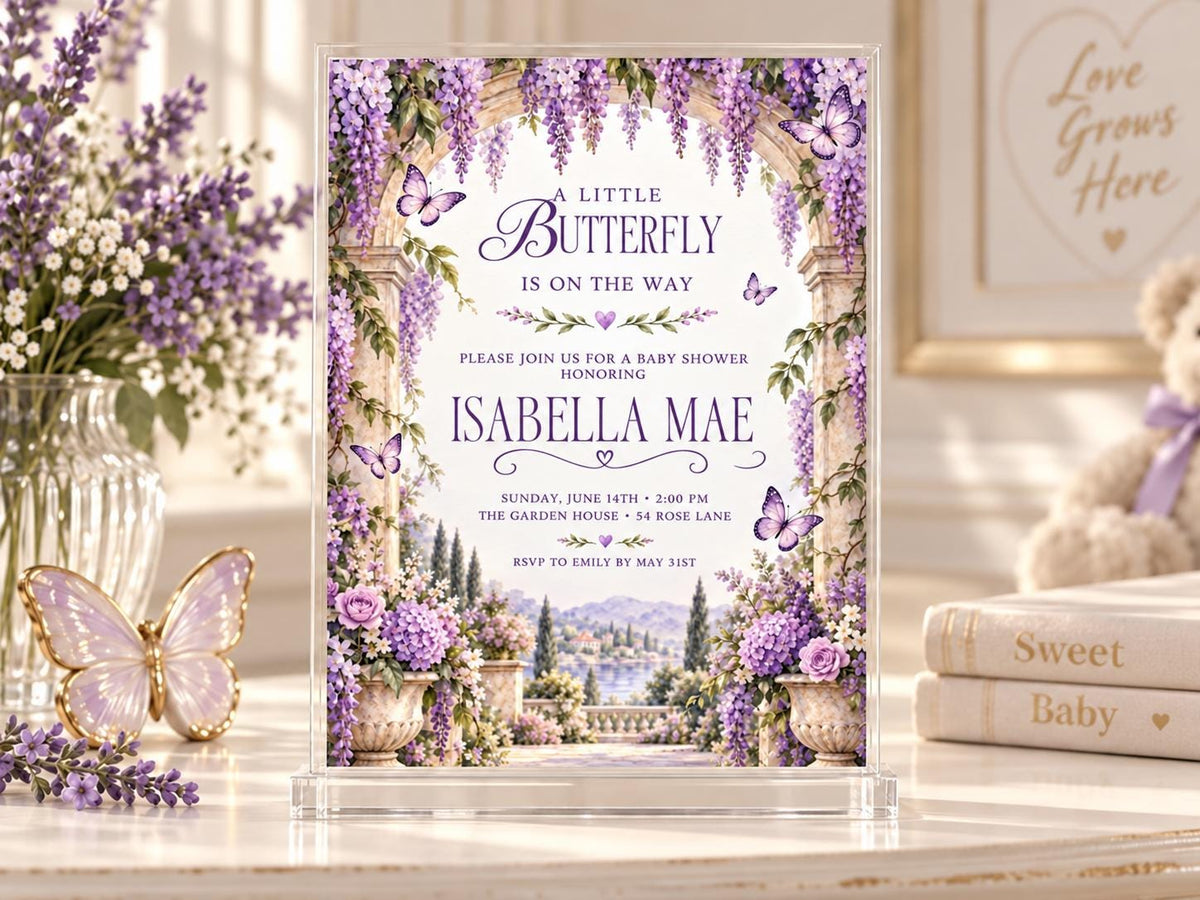 Butterfly Baby Shower Invitation, Butterflies And Lavender Garden Editable Canva Template, Digital Invitation