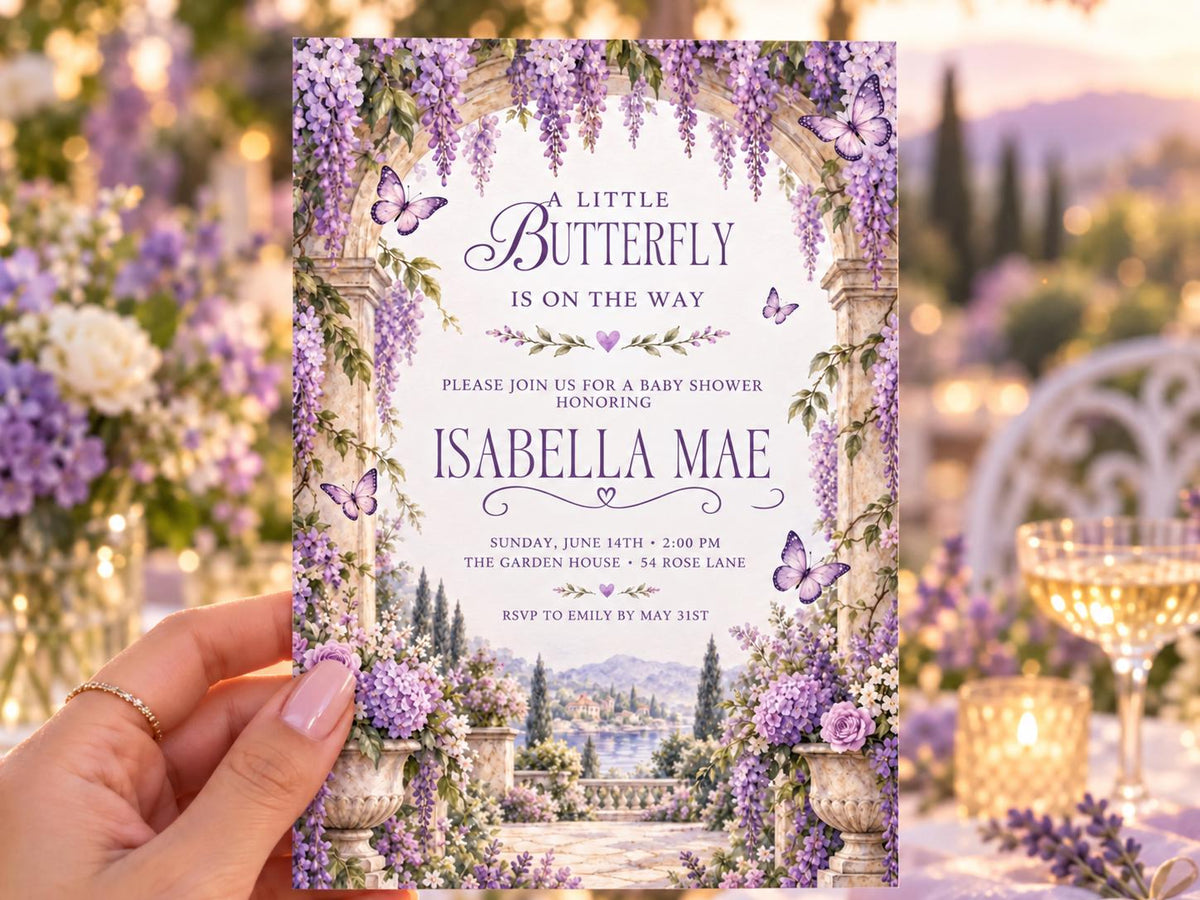 Butterfly Baby Shower Invitation, Butterflies And Lavender Garden Editable Canva Template, Digital Invitation