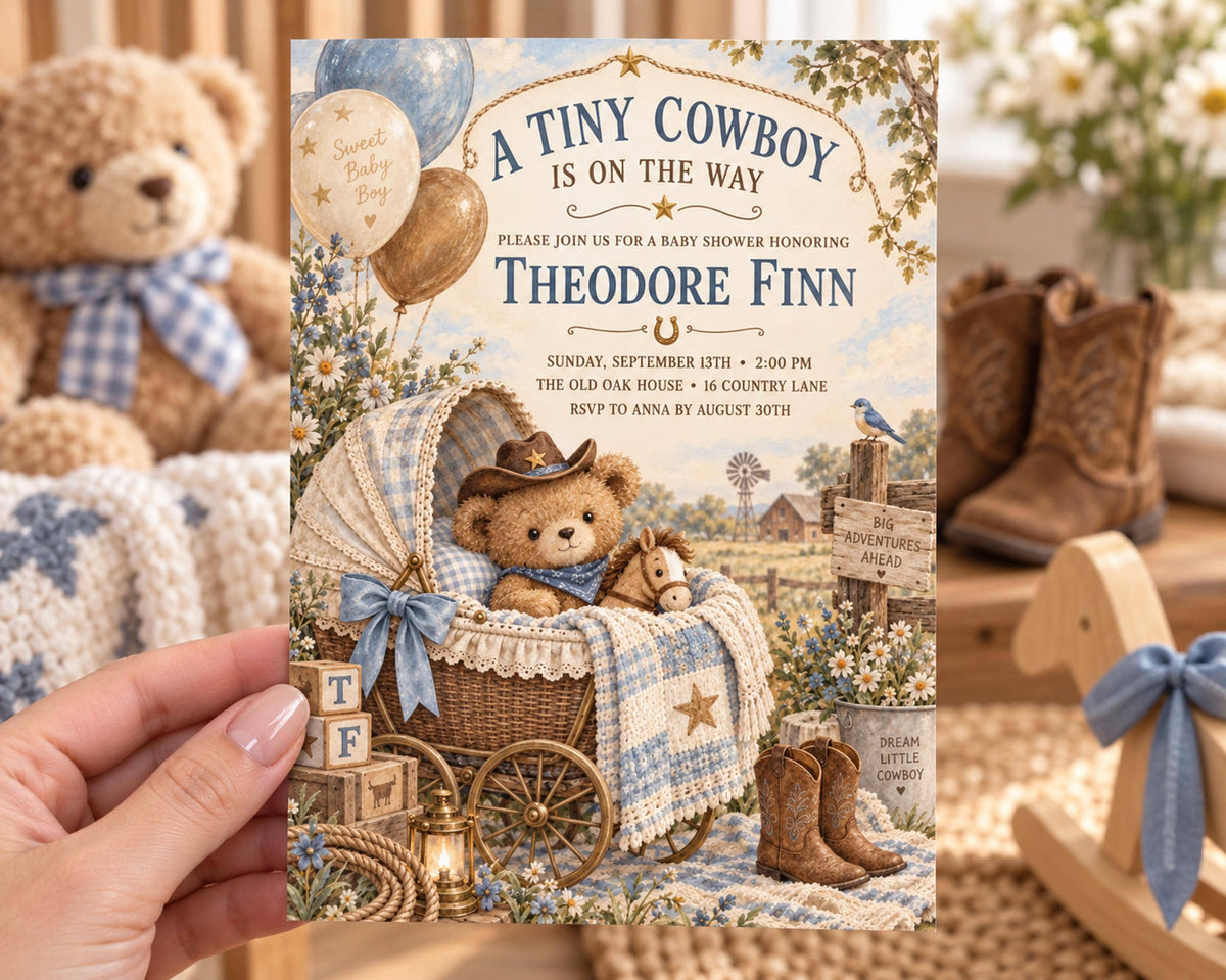 A hand holding a baby shower invitation featuring a teddy bear in a wagon, surrounded by various baby-related items and decorations.