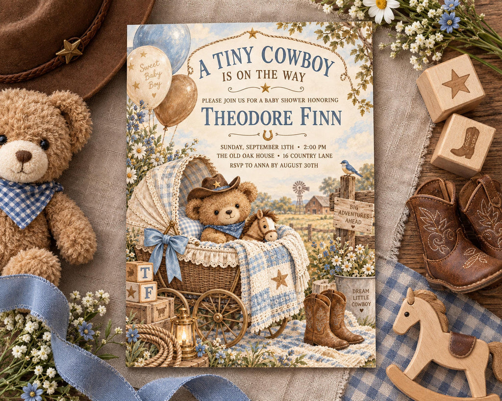 The image is a baby shower invitation featuring a teddy bear, wooden blocks, and other baby-themed items arranged around the invitation.