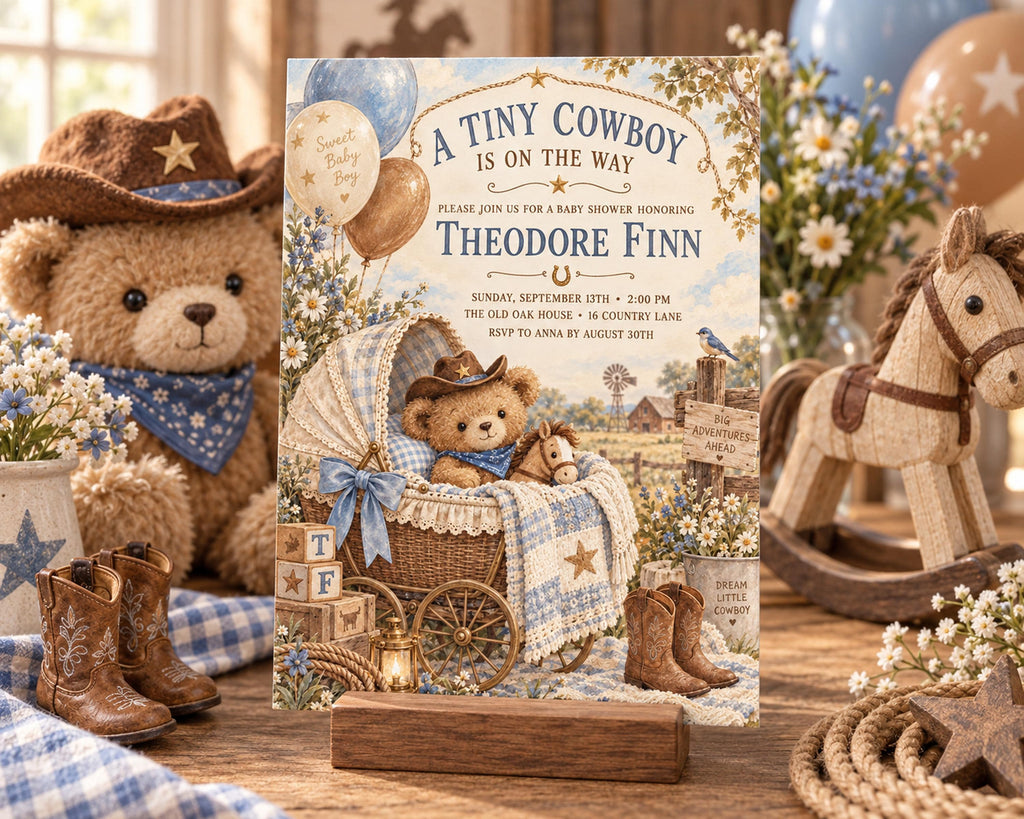 The image is a baby shower invitation featuring a teddy bear and a baby carriage, surrounded by various baby-related items such as a rocking horse, a baby carriage, and a basket.