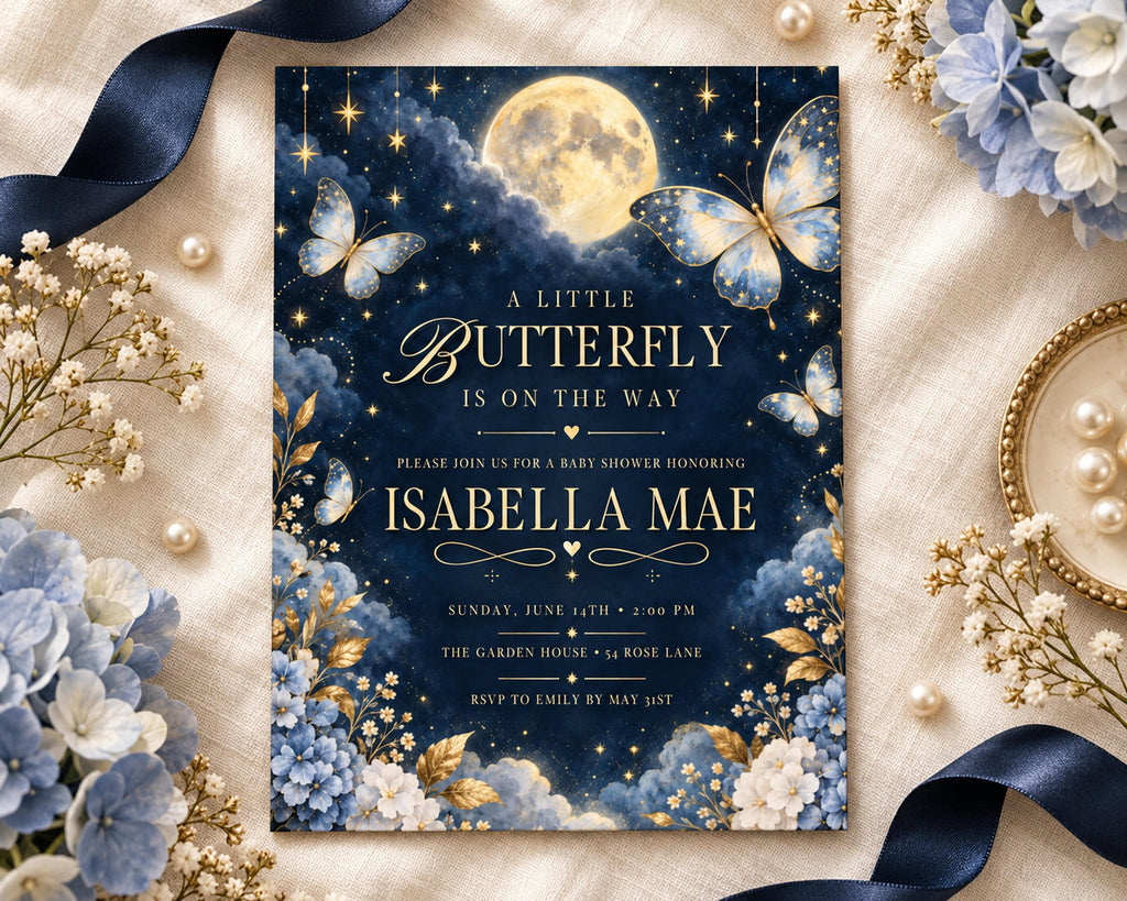 The image is a baby shower invitation featuring a night sky theme with a full moon, butterflies, and flowers. The invitation is for a baby shower honoring Isabela Mae.