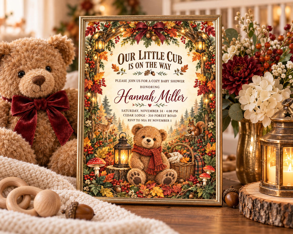 a framed baby shower invitation with a teddy bear and autumn-themed decorations, placed on a table with a teddy bear, candles, and other fall-themed items.