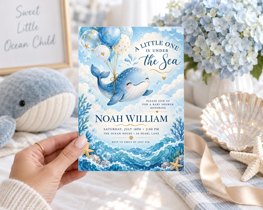 A hand holding a blue and white baby shower invitation for Noah William, featuring a whale and bubbles, with a framed picture of a baby shower in the background.